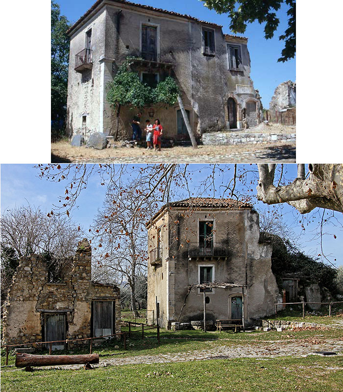 Sopra foto scattata a Roscigno Vecchia fine anni '90 anni fà e  lo stesso soggetto (sotto)  ripreso nel febbraio 2023.  edificio in Piazza Nicotera